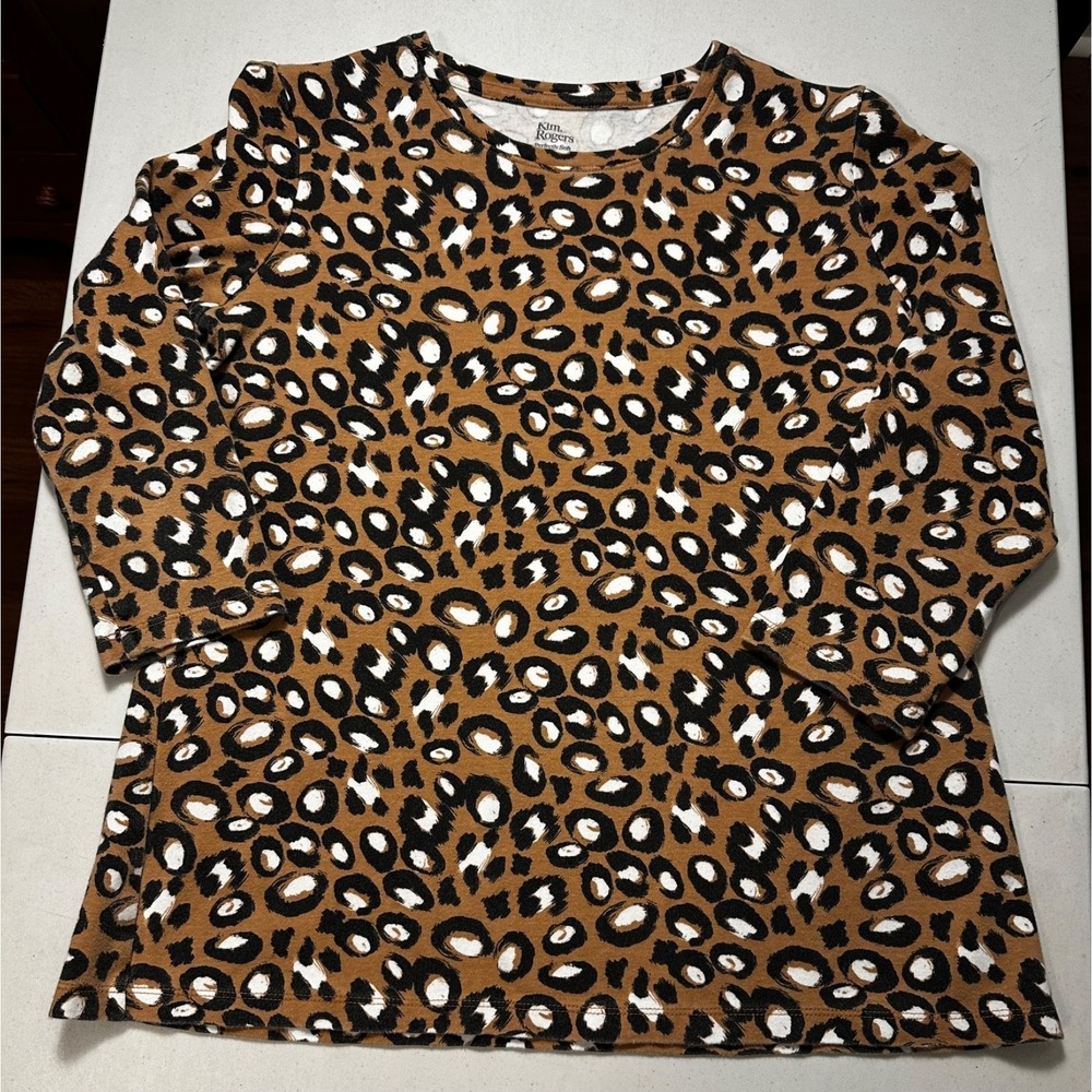 Kim Rogers Perfectly Soft Leopard Print Cotton Top 3/4 Sleeve Brown‎ Small